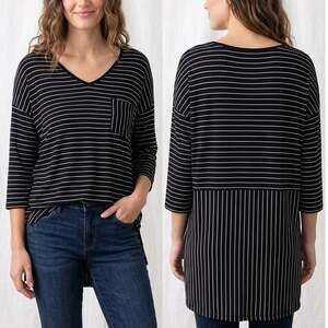 Faded Glory Womens 1X 16W Black White Stripe V Neck 3/4 Sleeve Tunic